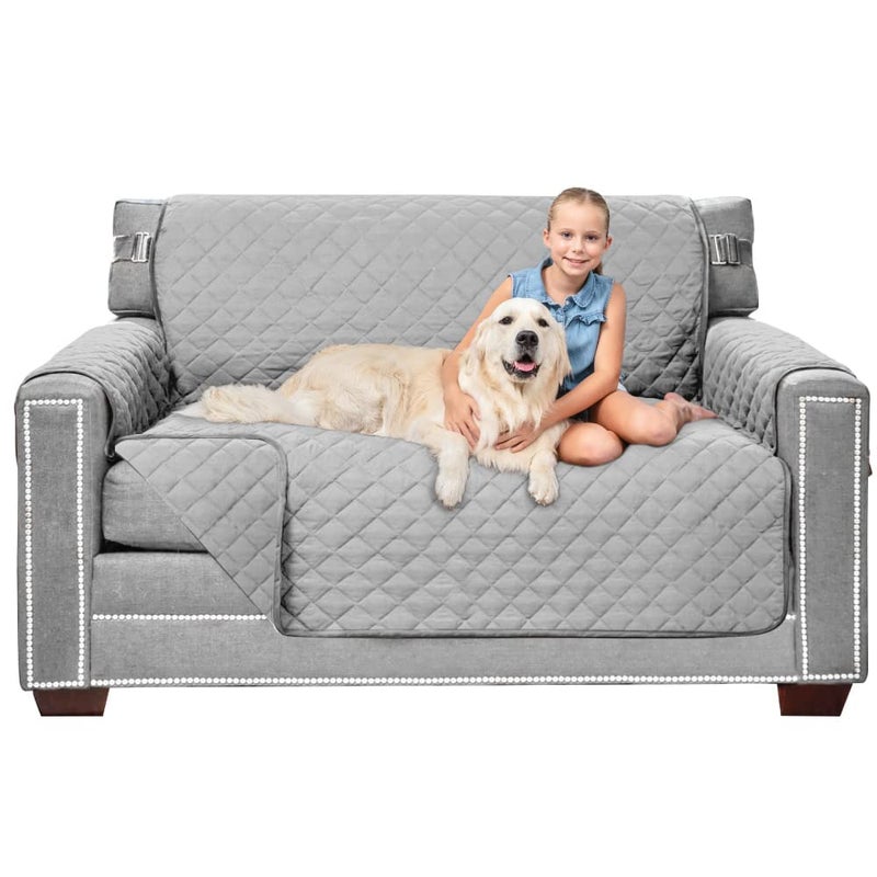 Sofa Shield Loveseat Slip Cover with Patented Strap, Cushion Protector, US Designed Reversible Stain and Dog Tear Resistant Slipcover, 54 inch Seat, Washable Covers for Dogs Pets, Light Gray - Image 1